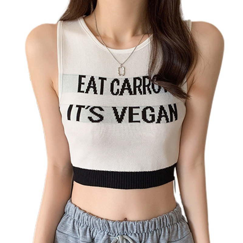 Brroa Áo Crop Top Dệt Kim Không Tay In Chữ Phối Màu Tương Phản Thời Trang Mùa Hè Cho Nữ