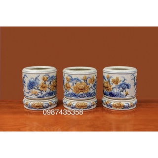 Bát hương men rạn sen nổi đồ thờ gốm sứ Bát Tràng