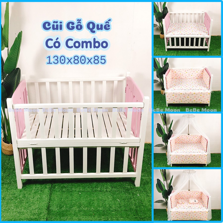 [Combo] Giường Cũi Cho Bé Gái Màu Trắng Hồng Chất Liệu Gỗ Quế [130x80x85] BH 24 Tháng