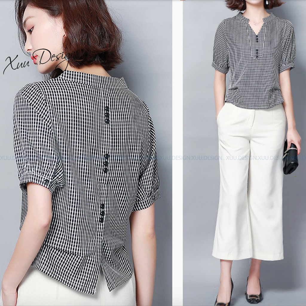 Áo sơ mi nữ công sở cộc tay Xuu, thiết kế caro phối cúc cổ V - TK20.31