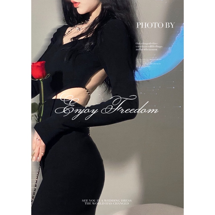 Enjoy Freedom Đầm Trễ Vai Hở Lưng Phối Dây Xích Xẻ Tà Thời Trang Quyến Rũ Cho Nữ