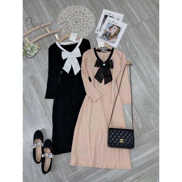 Váy len tăm dài cổ tim có nơ Đầm len dáng dài | BigBuy360 - bigbuy360.vn