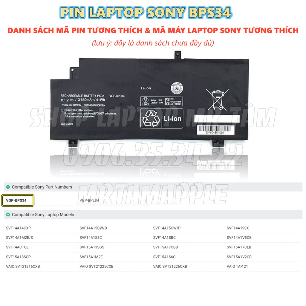 Pin Laptop SONY BPS34 (ZIN)  Vaio SVF14A, SVF15A, FIT 14A, FIT 15A, SVT21, VAIO TAP 21, VGP-BPS34 VGP-BPL34