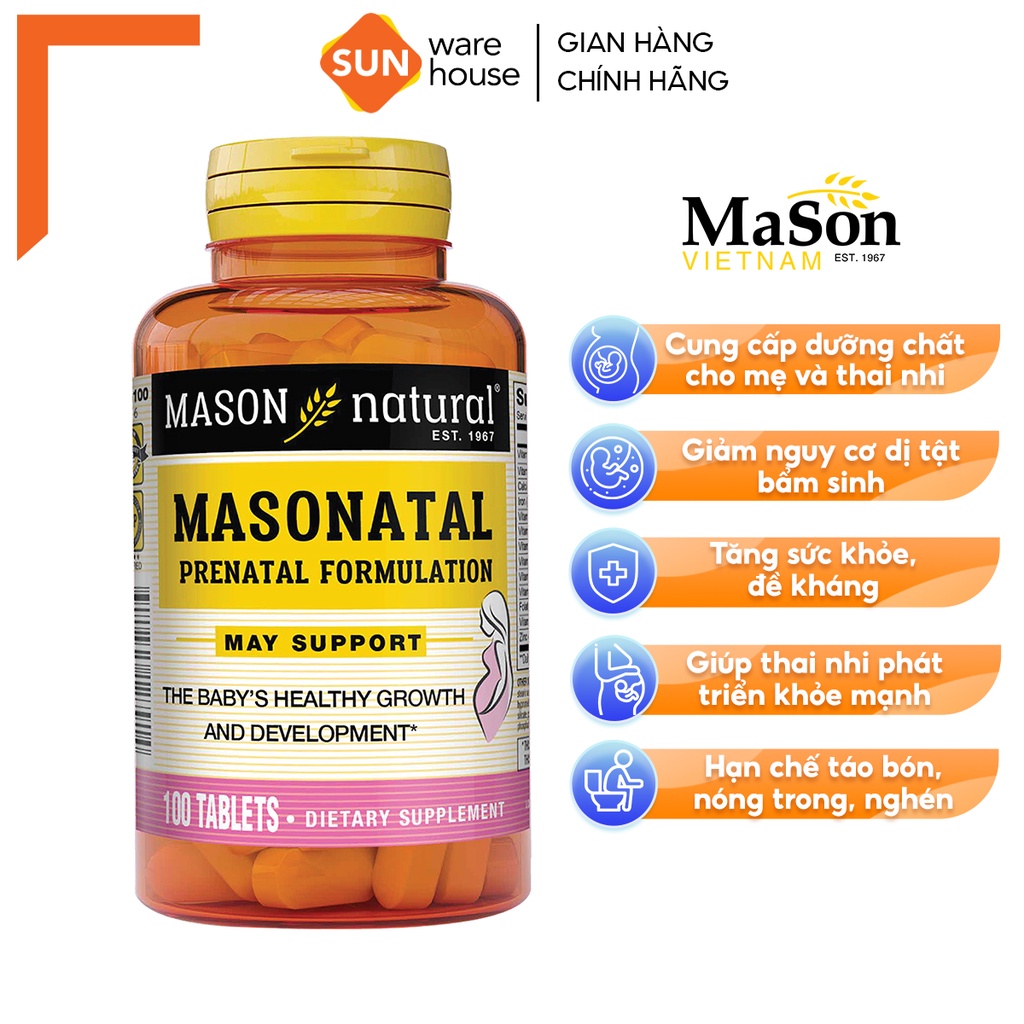 Viên Uống Tổng Hợp Vitamin MASON NATURAL Prenatal Formulation 100 Viên Cho Phụ Nữ Mang Thai Và Cho Con Bú