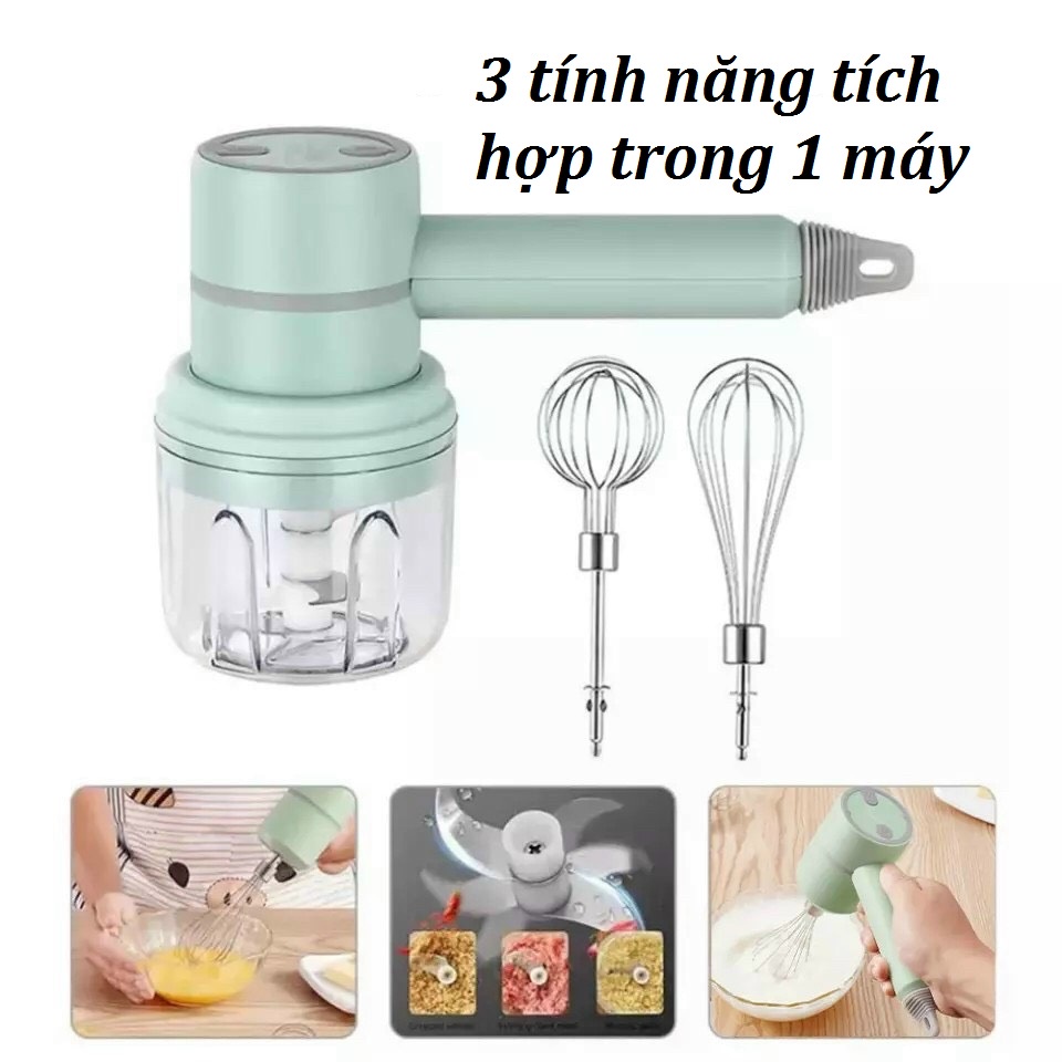 Máy xay 3in1 sạc pin 3 chức năng đa năng (xay thịt - tỏi - ớt, đánh trứng, trộn bột)