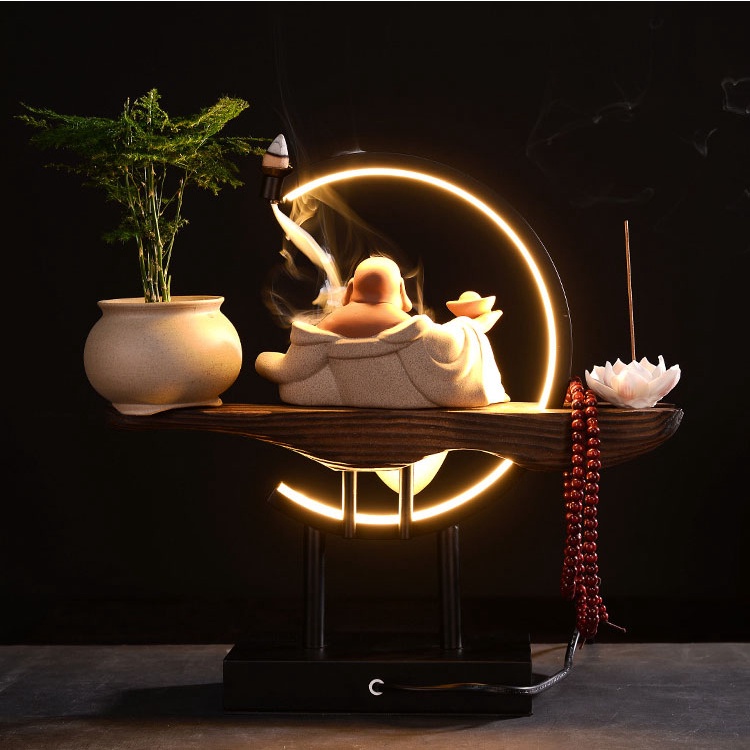 Thác Khói Trầm Hương Phật Di Lặc   Đèn LED - Hàng nhập khẩu cao cấp size lớn, Decor cửa hàng quà tặng ý nghia