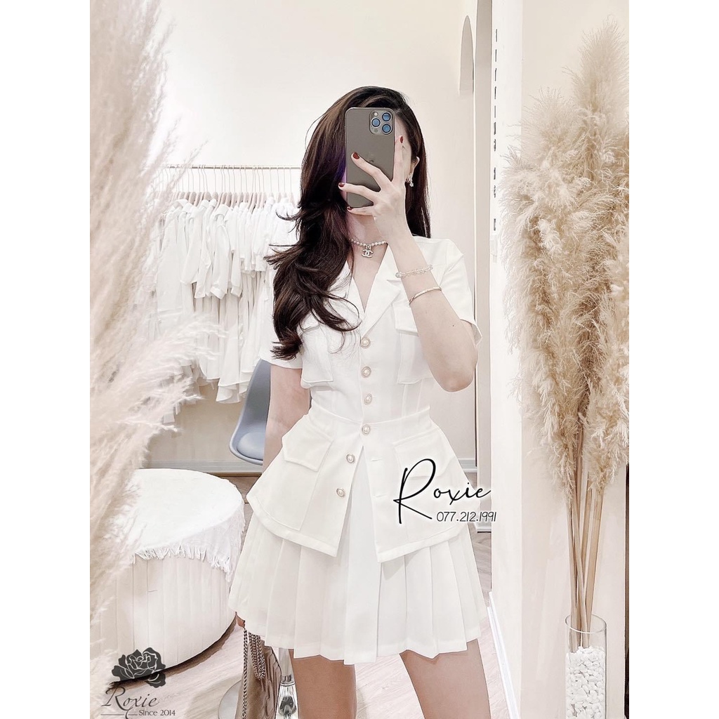 Set Vest nữ kèm chân váy xếp ly xòe cài cúc chất cực đẹp, Vest nữ công sở sang chảnh mặc đi làm, đi dự tiệc, đám cưới