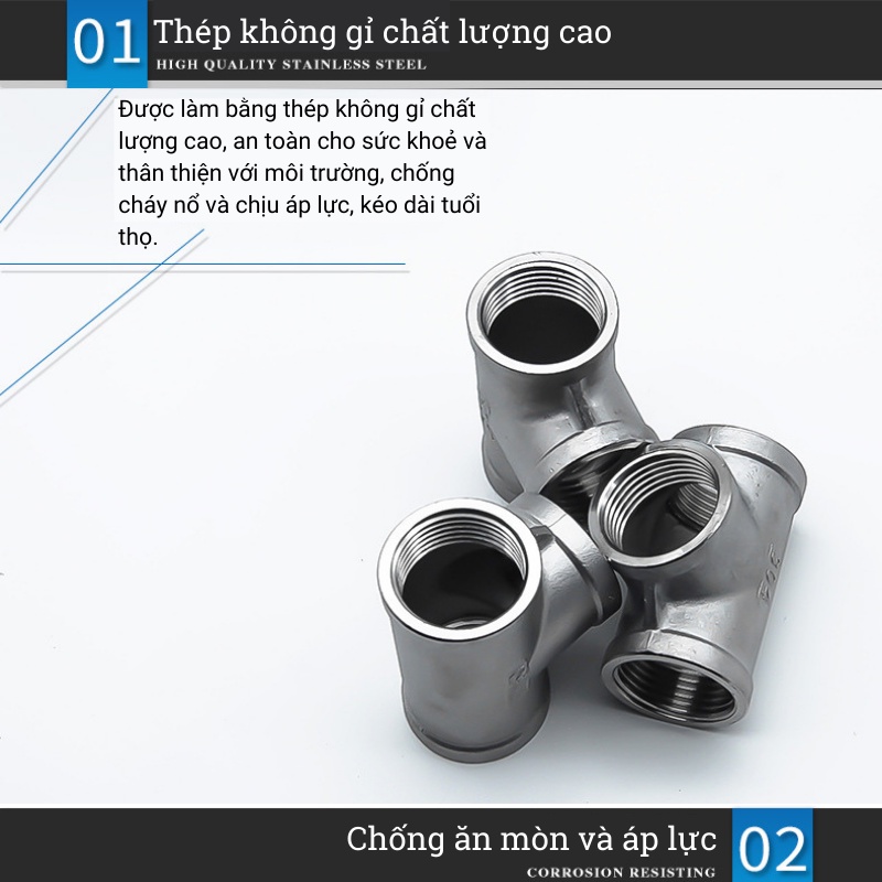 Tê ren inox 304 tê chia nước ba đầu ren trong chất liệu bằng thép không gỉ kích thước từ 13 đến 60mm