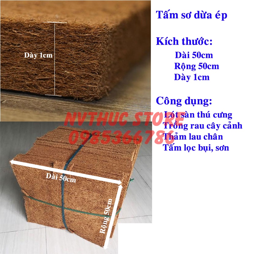 Tấm sơ dừa ép kích thước 50x50x1cm dùng làm giá thể trồng lan, thủy canh, tấm lót sàn thú cưng và tấm lọc bụi sơn