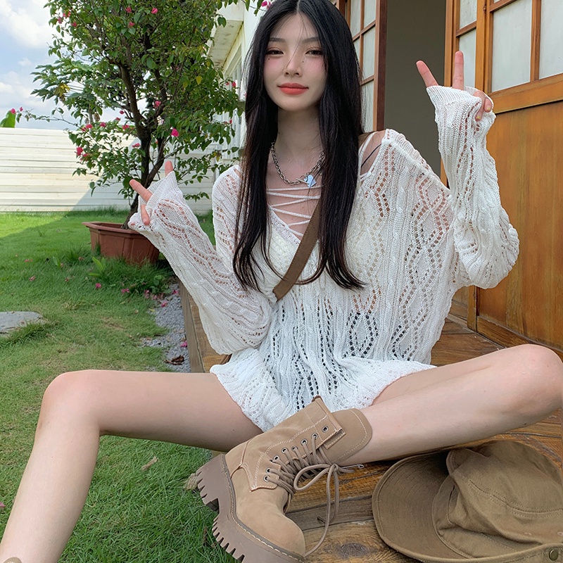 Áo Sweater Dệt Kim Phối Lưới Thời Trang Mùa Thu Hàn Quốc Cho Nữ