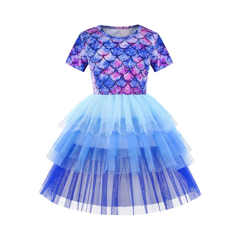 Đầm Bé Gái Từ 4-8 Tuổi Tay Ngắn In Hình Nàng Tiên Cá Nhiều Màu Dễ Thương