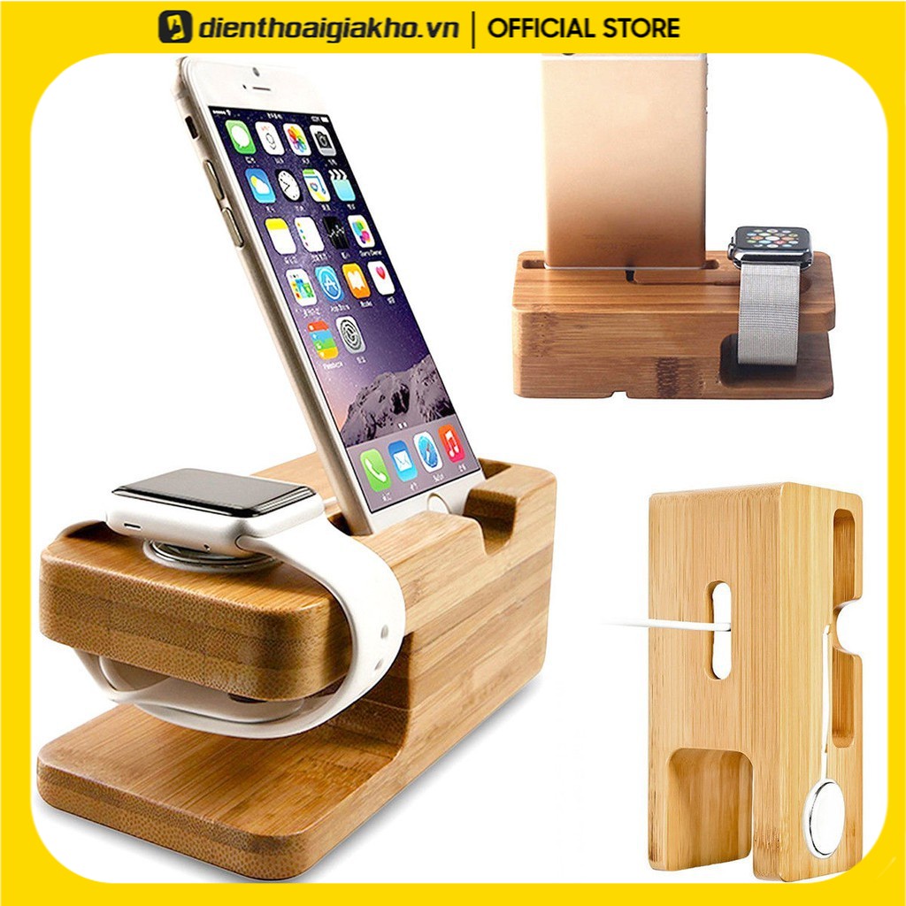 Giá đỡ kiêm trạm sạc bằng gỗ tre cho đồng hồ điện thoại Apple