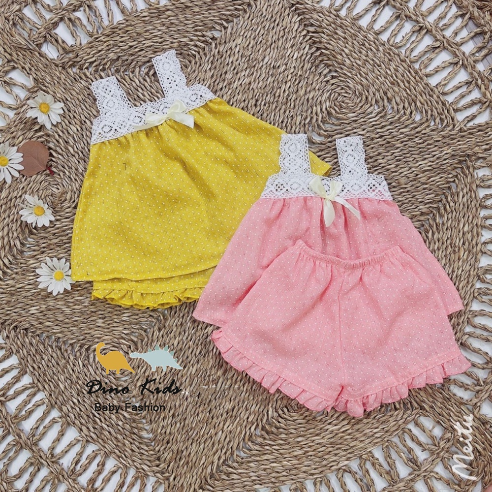 Bộ 2 dây bé gái chất thô mềm mịn, Bộ chấm bi dây ren trắng bé gái