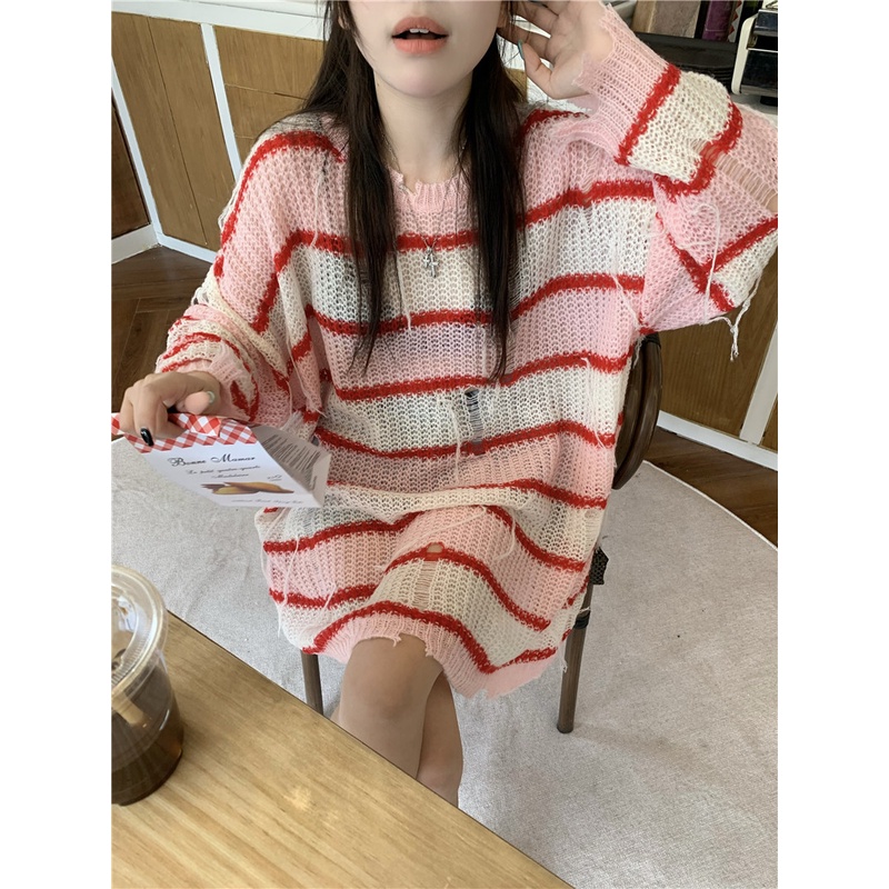 Porozi  Áo sweater dệt kim cổ chữ V họa tiết sọc ngang phong cách Hàn Quốc thời trang cho nữ