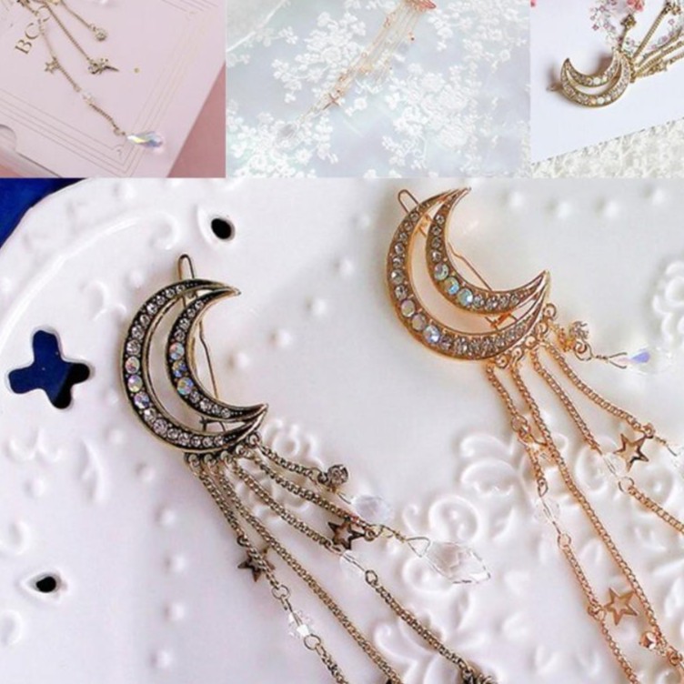 Kẹp tóc mặt trăng moon tua rua đính đá phong cách cổ điển cổ trang xinh xắn dễ thương