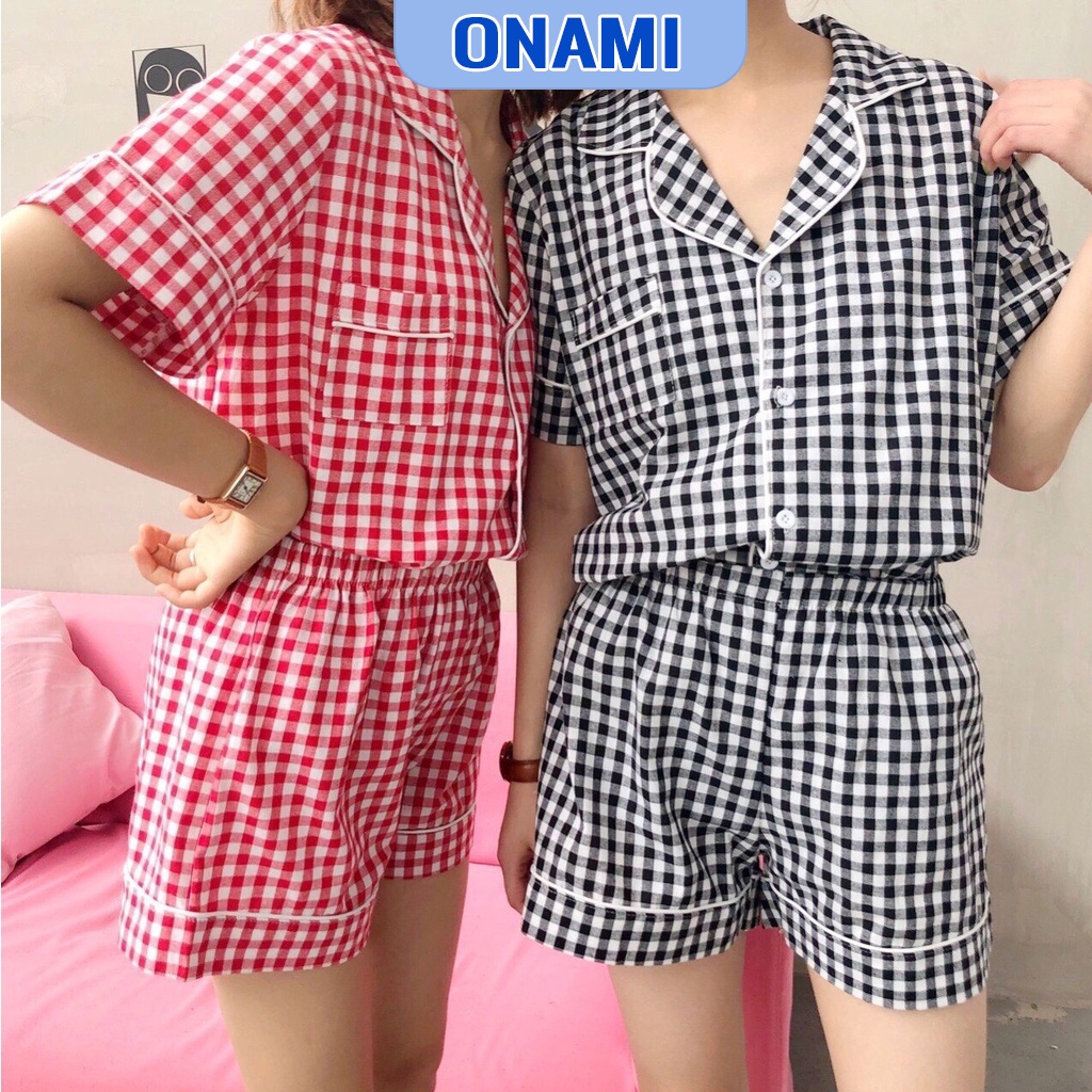 Bộ Ngủ Pijama Cộc Đùi Kẻ Caro Chất Cotton Dệt Loại 1 Nữ PJM006