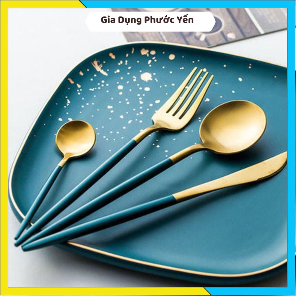Set 4 món dao, dĩa, thìa inox mạ vàng cao cấp có hộp đựng