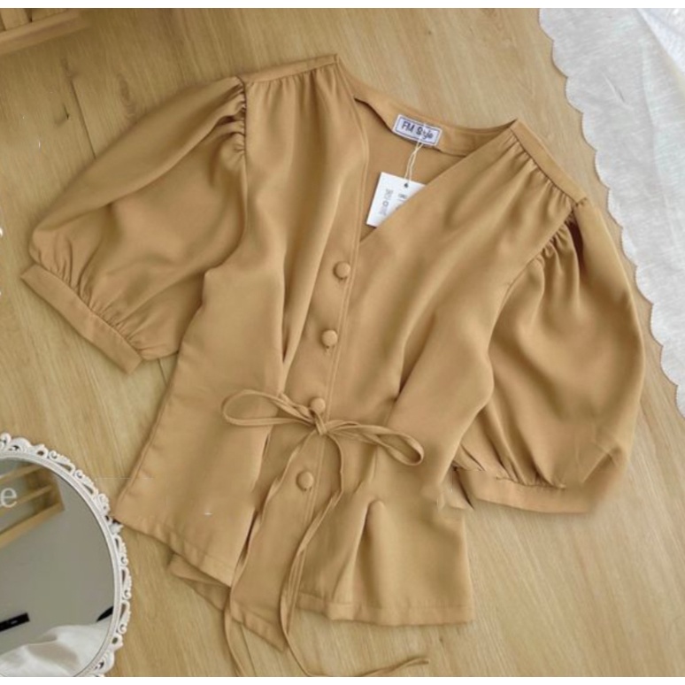 Áo Cổ V Thắt Eo Màu TRơn Mẫu Mới Phong cách Hàn Quốc Mùa Hè