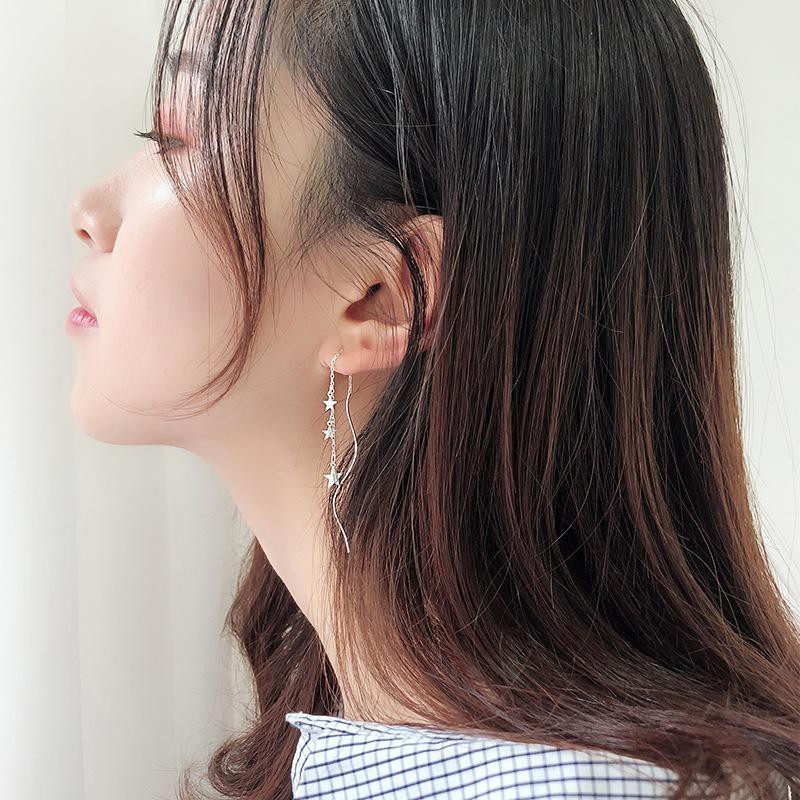 Khuyên tai thả ba sao bông tai bạc phụ kiện nam nữ phong cách Hàn Quốc Unisex