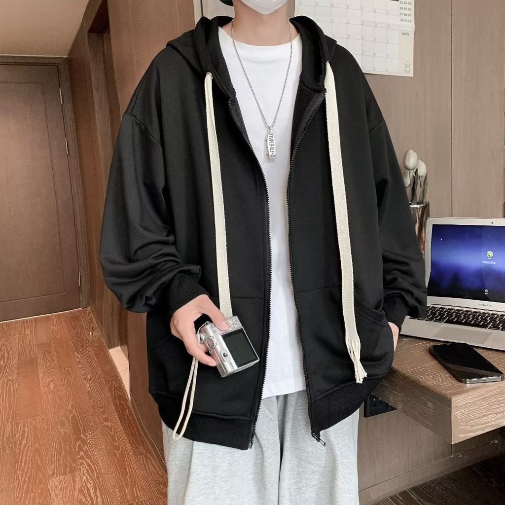 Áo Khoác hoodie Dệt Cao Cấp Tay Dài Dáng Rộng Có Khóa Kéo Thời Trang Đường Phố Mỹ Mùa Thu 2022 Cho Nam