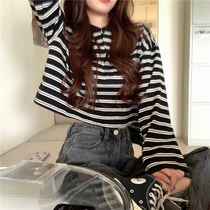 【ZHELIHANGFEI】Áo Thun POLO Tay Dài Form Rộng Họa Tiết Sọc Dễ Phối Đồ