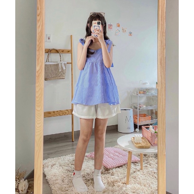 Set Áo Babydoll Buộc Vai Nơ & Quần Đùi Nữ - Hàng Sẵn - Freesize - HULA 훌라 | BigBuy360 - bigbuy360.vn