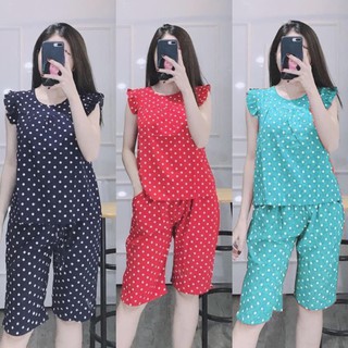 Đồ bộ lanh mặc nhà nữ VNXK, quần lửng áo cánh tiên , họa tiết chấm bi - TL01