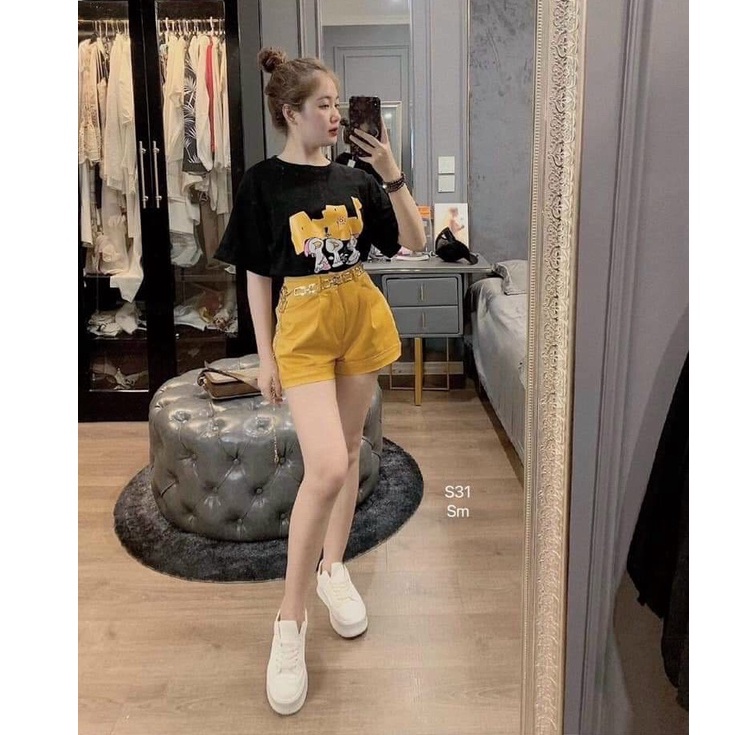 HT Sét độ đùi nữ áo thun from rộng in hoạt hình phối quần đùi xắn gấu thích hợp mặc ở nhà, đi chơi