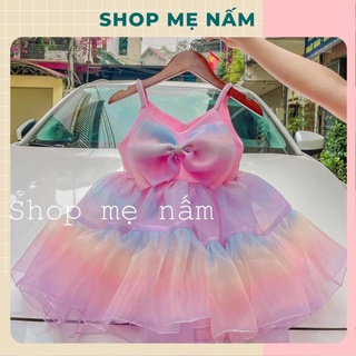 Đầm bé gái hai dây dáng xòe công chúa gắn nơ mix màu cầu vồng - Shop Mẹ Nấm