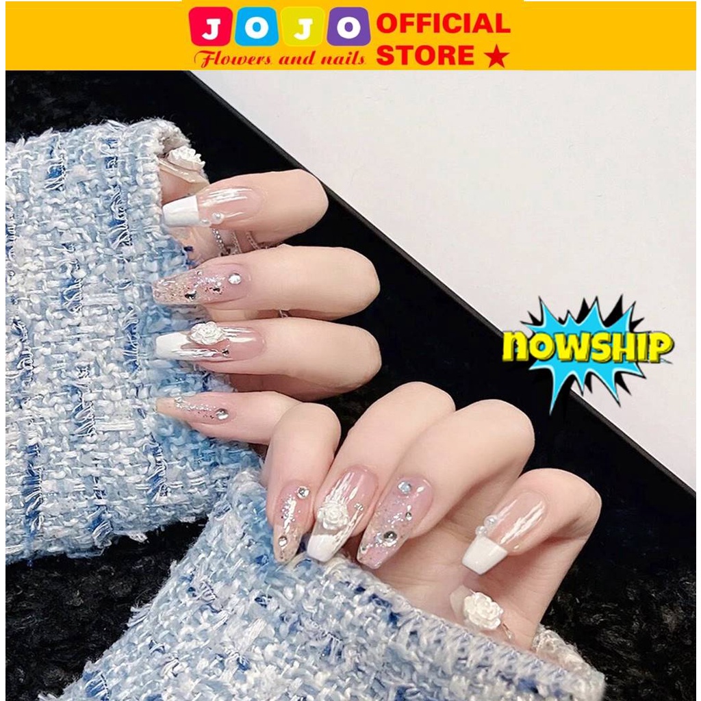 Bộ 24 móng tay giả đính hoa 3D sang chảnh Jojo móng giả đính đá đính nơ đẹp thời trang