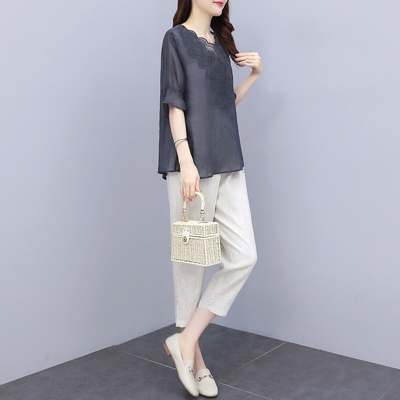 144055 Bộ áo và quần dài vải cotton nữ hè tay ngắn hàng nhập