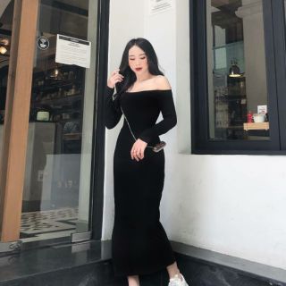 ĐẦM THUN COTTON 4 CHIỀU _ BẸT VAI DÀI : ĐEN