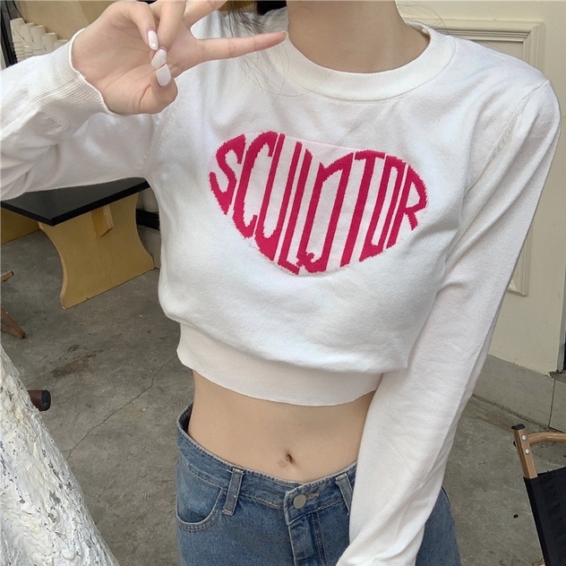 Áo sweater ZHELIHANGFEI tay dài hở eo in chữ thời trang quyến rũ cho nữ