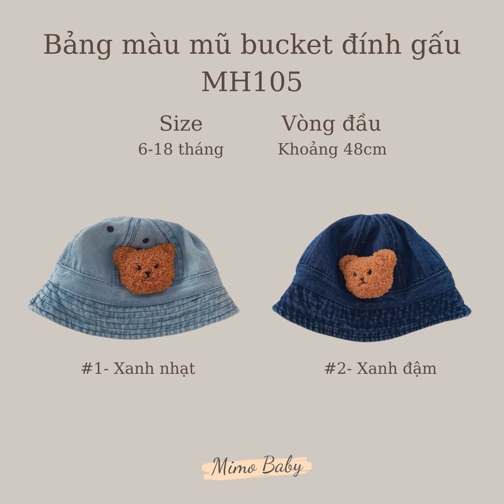 Mũ bucket, mũ tai bèo vải denim đính gấu bông phong cách vintage cho bé MH105 Mimo Baby