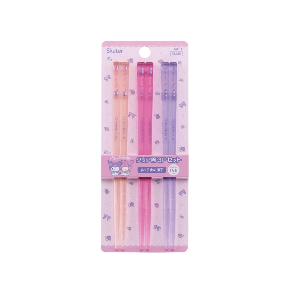 [SKATER] Bộ 3 Đôi Đũa Acrylic Trong Suốt My Melody &amp; Kurumi 16.5cm