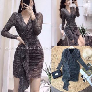 Đầm ôm DỰ TIỆC nhũ kim tuyến ( SIZE S-M-L-XL ) tay dài eo phối bèo hàng Thiết Kế