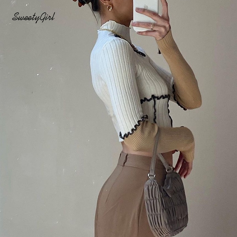 Áo Croptop Tay Dài Cổ Tròn Màu Sắc Tương Phản Thời Trang Dành Cho Nữ