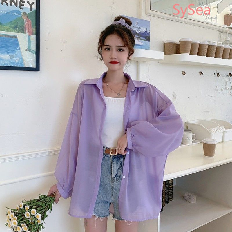Áo sơ mi cổ đứng tay dài chất chiffon thiết kế dáng rộng che khuyết điểm thời trang