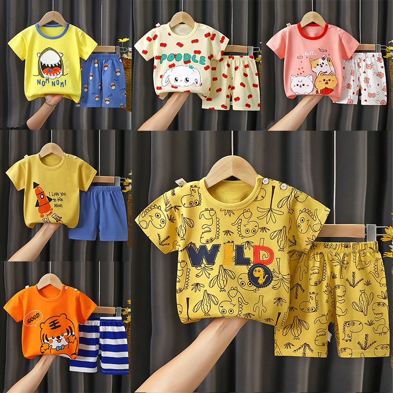Bộ Áo Thun Cotton Ngắn Tay In Hoạt Hình Phối Quần Short Kiểu Hàn Quốc Thời Trang Mùa Hè Cho Bé