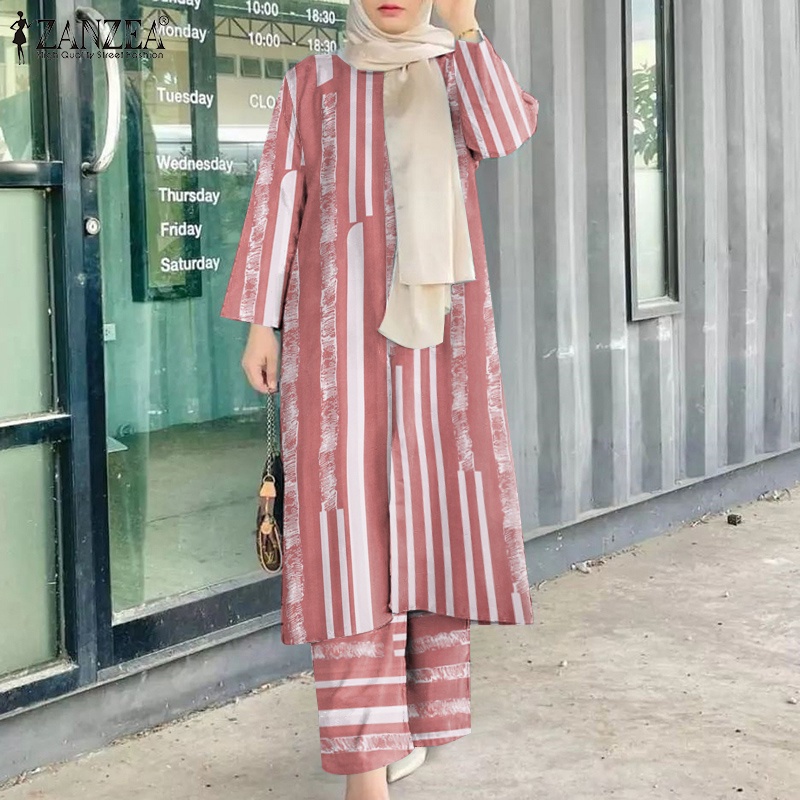 Set trang phục ZANZEA áo dáng dài tay dài và quần dài lưng thun ống rộng in họa tiết thời trang hồi giáo dành cho nữ