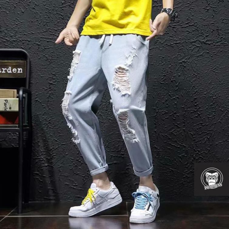 Quần jean baggy rách gối lưng chun tả tơi trông bụi unisex nam nữ 2021 Pon.mens