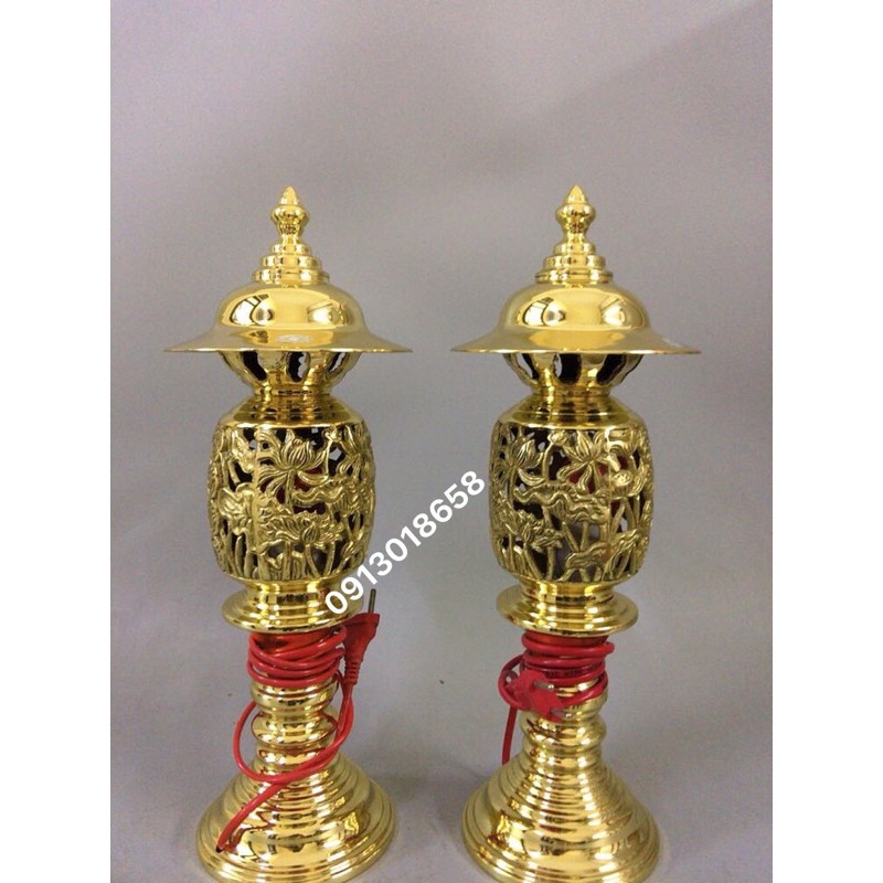 Đôi đèn điện thờ bằng đồng cao cấp hoạ tiết hoa sen cao 42cm