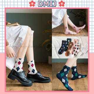 Tất Nữ Cổ Cao Họa Tiết Hình Thoi Phong Cách Vintage Nhiều Màu