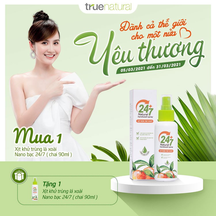 Xịt Sát Khuẩn Lá Xoài Nano Bạc 24/7 TRUE NATURAL Kháng Khuẩn, Khử Mùi Và Tạo Hương Thơm Dễ Chịu