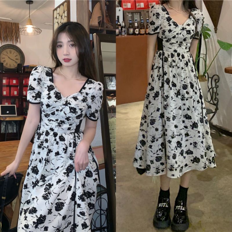 Váy hoa nhí xoè dáng dài và ngắn đen trắng eo buộc dây