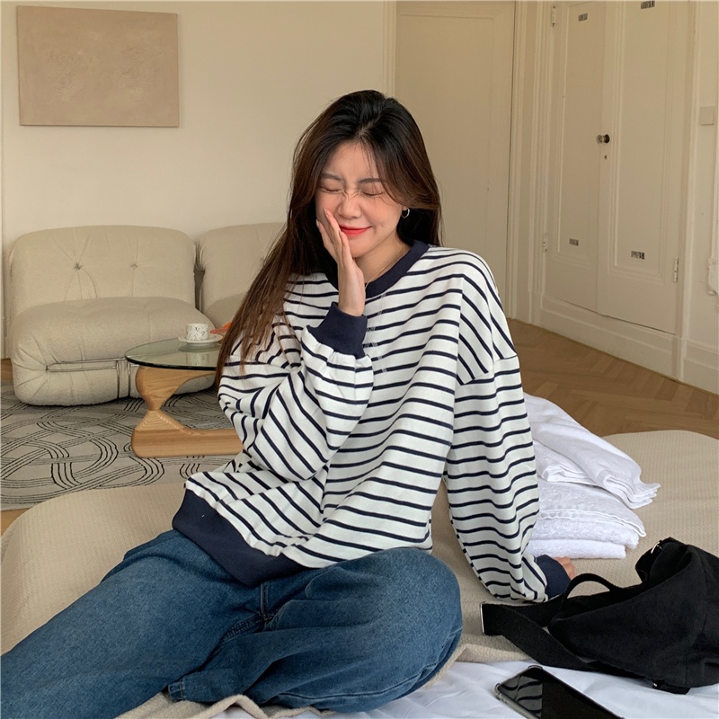Áo sweater SUXI dài tay cổ tròn kẻ sọc ngang thời trang Hàn Quốc mới cho nữ