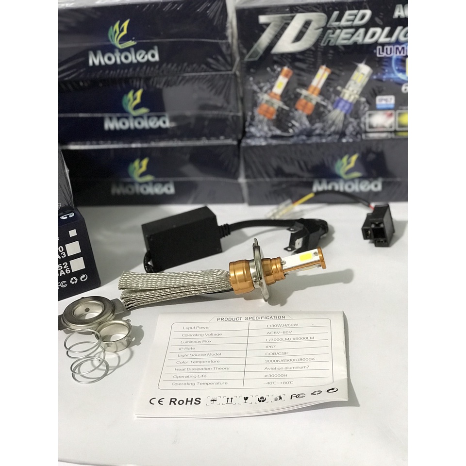 Đèn pha led râu 3 Tim đủ chân 2in1 T19 H4 Motoled 60W 6000lument IP67 Mã 7374 TDA5