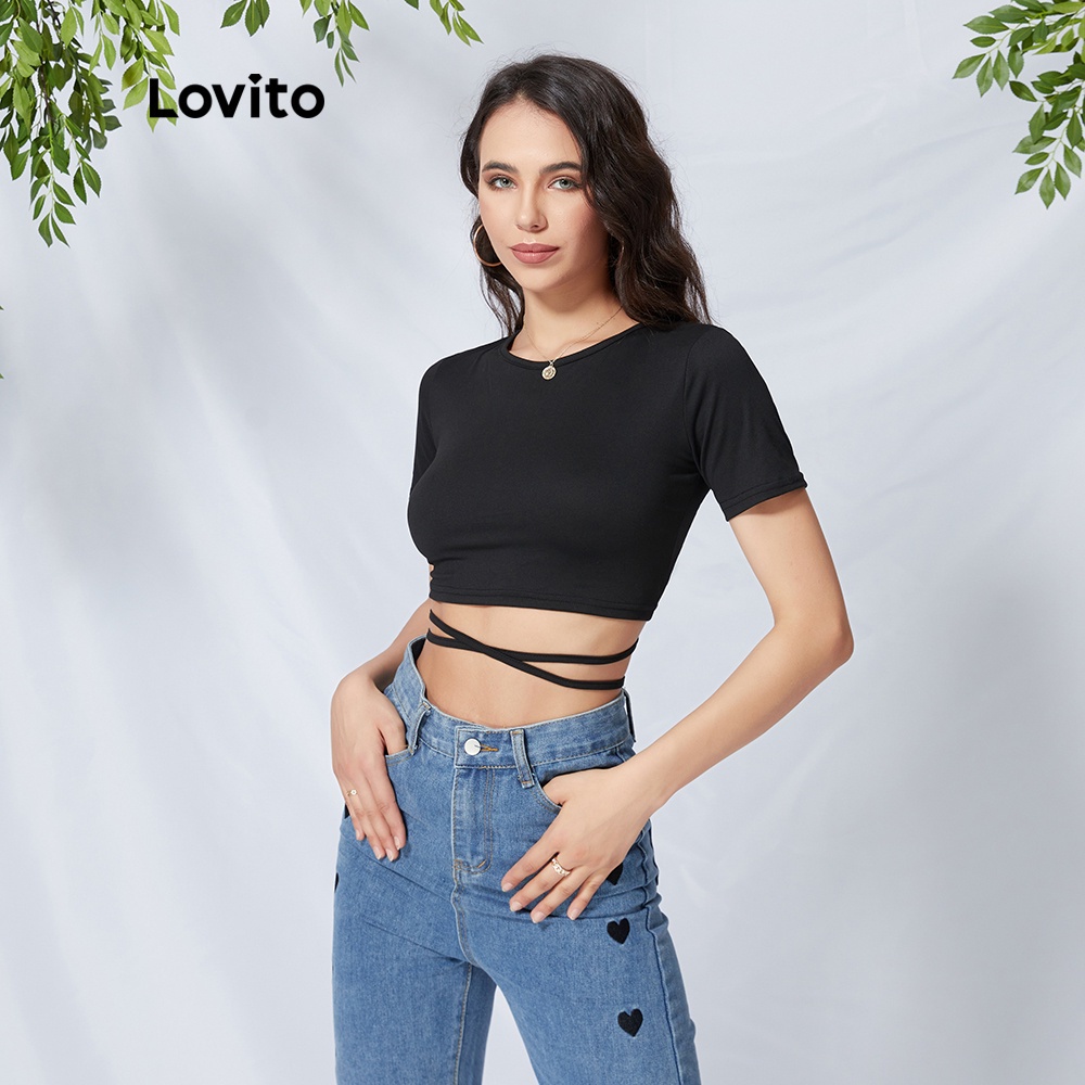 Áo thun Lovito cổ tròn buộc dây màu đen L09086 | BigBuy360 - bigbuy360.vn