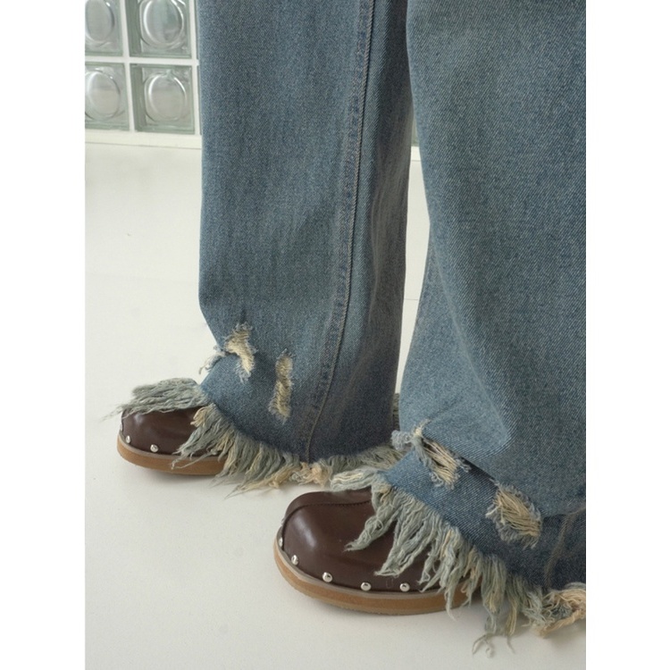 Quần jean nữ ZHELIHANGFEI ống rộng cạp cao thiết kế rách cá tính