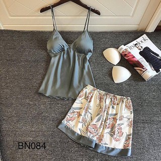 Bộ đồ ngủ lụa 2 dây cao cấp kèm mút ngực- BN084
